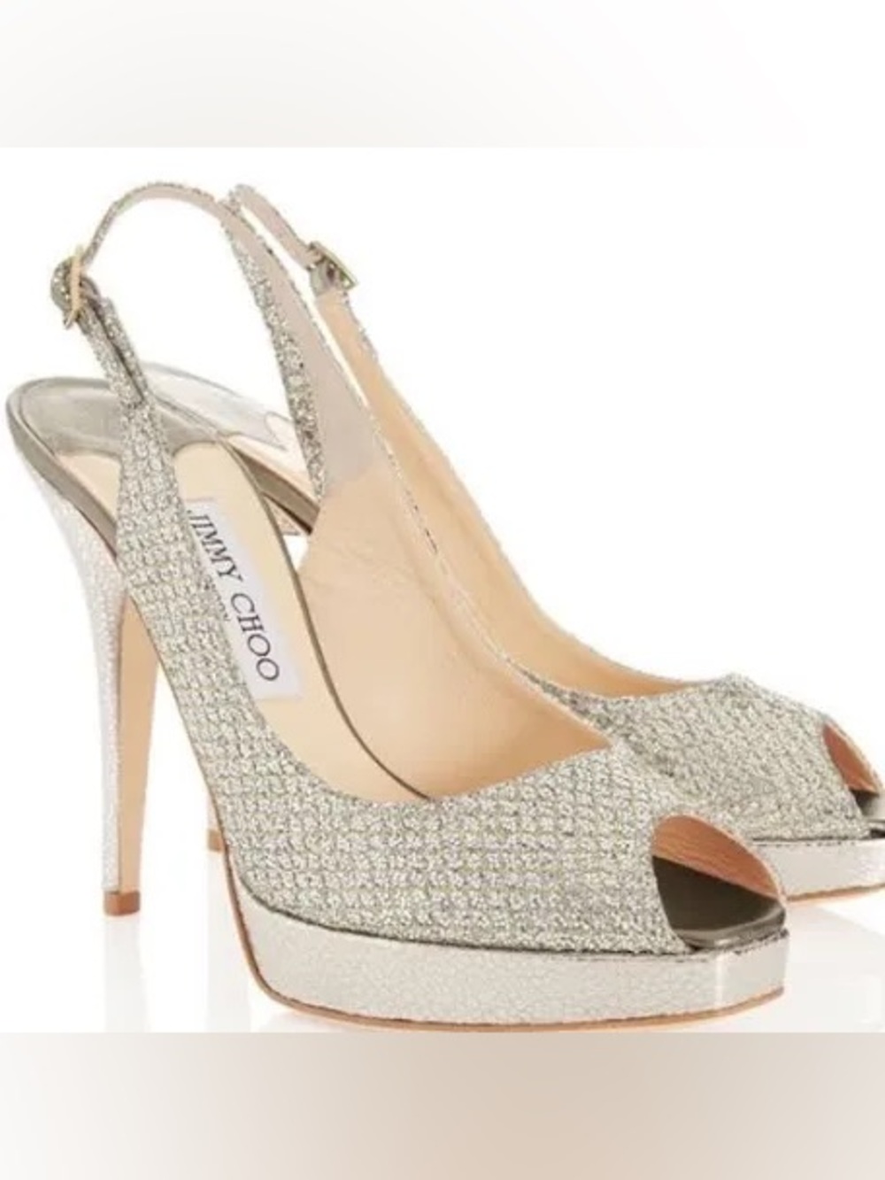 Jimmy Choo Glitter Peep Toe Slingback Pumps Silver Size 39.5